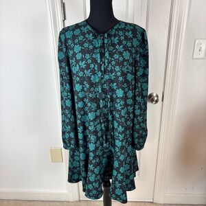 Draper James Teal Floral Ruffle Hem Mini Dress Black Long Sleeve Womens M